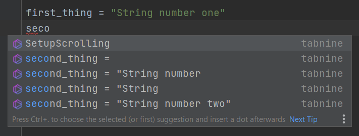 A screenshot of the TabNine autocompletion results in PyCharm.